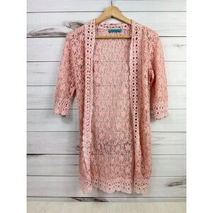 Turquoise Haven Pink Lace Cardigan 3/4 Sleeve Open Front Duster Cover Up Small‎